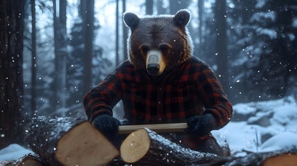 realistic bear wearing a flannel shirt chopping wood in a snowy forest, strong posture and motion blur 
