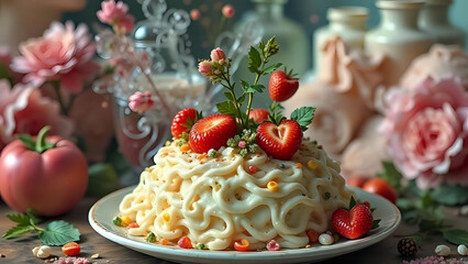 An imaginative and whimsical dessert disguised as spaghetti, topped with fresh strawberries and cream in a romantic, floral setting.