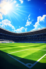 Bright sunny day at a large stadium with green grass field and blue sky, ideal for sports events