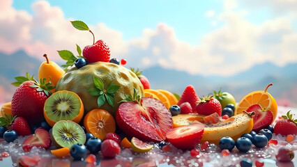 A vibrant and delicious assortment of fresh fruits and berries on ice, with a beautiful mountain landscape in the background.
