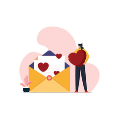 Women holding big heart, Girl receiving love letter on Valentine Day, Valentine Day background
