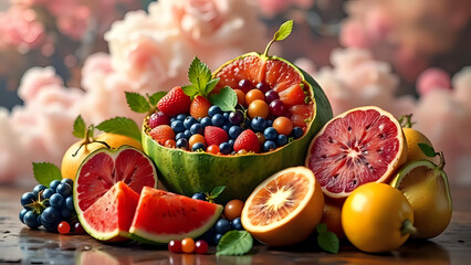 An abundant still life of fresh summer fruits and berries, with a watermelon bowl salad and a romantic floral background.