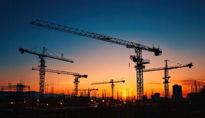 Silhouette of construction cranes at sunset over a city construction site