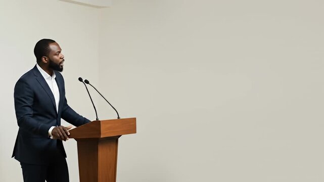 Speaker at lectern with mic in minimalist off-white setting, with substantial empty space