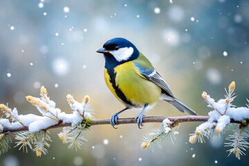 Fototapeta premium A charming great tit sits elegantly on a frosty branch as soft snowflakes gently fall around it amidst the tranquil winter atmosphere