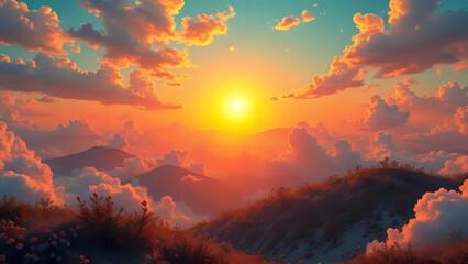 A stunning and vibrant sunset over majestic mountains with a dramatic, cloudy sky.