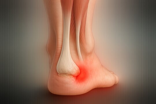 Posterior heel anatomy with red glow on Achilles insertion highlighting posterior calcaneal spur, ideal for illustrating Haglund&rsquo;s deformity and Achilles-related heel pain in orthopedic visuals.