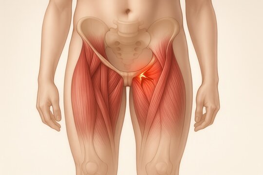 Frontal inner thigh anatomy with red glow on adductor longus tear near pubic bone, ideal for illustrating groin strain, muscle rupture, and sports injury in clear medical and orthopedic visuals.