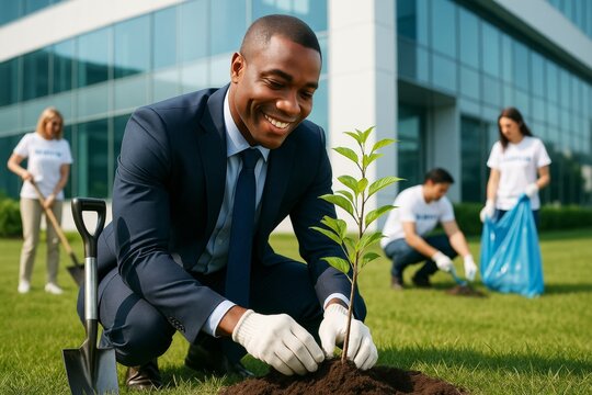 Businessman planting tree during corporate environmental initiative with volunteers in background near glass office building on sunny day. Ai generative