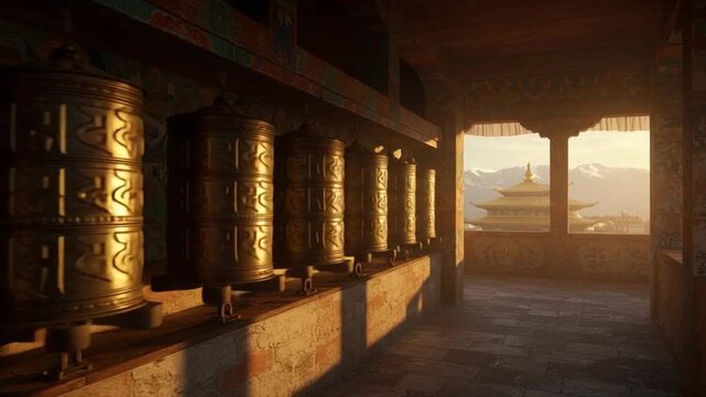 Golden Prayer Wheels in a Tibetan Monastery with Mountain View at Sunrise.