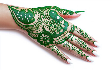 Green and White Henna Design on Hand Pakistan Day Celebration Isolated on white background