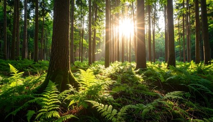 Sunburst Through Forest Canopy Illuminating Ferns on Forest Floor