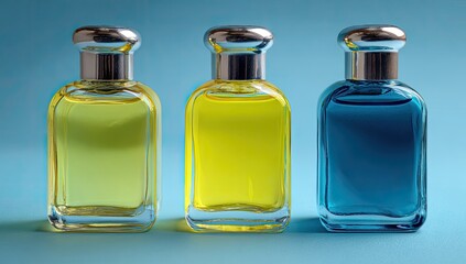 Three perfume bottles, yellow and blue, on a light-blue background