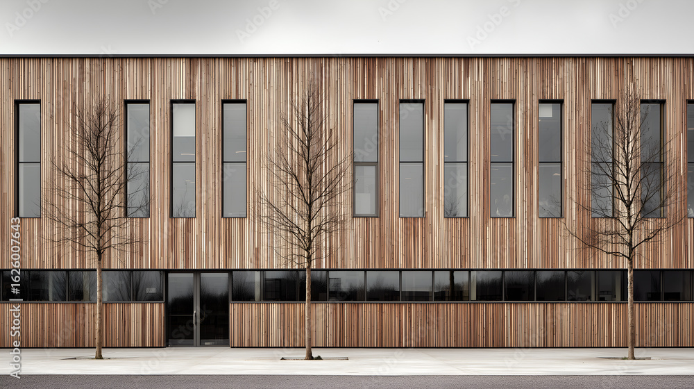 Poster modern wooden building with long windows and sparse trees, showcasing contemporary architecture and 