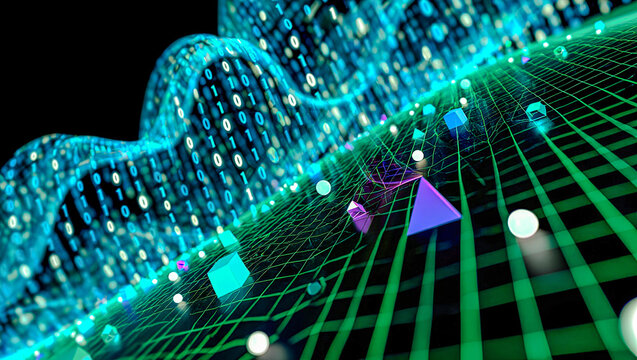 Dynamic waveforms of glowing binary code flowing diagonally, blending with light grids and abstract geometric shapes, evoking digital communication.