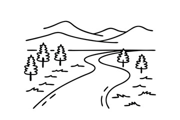 Fototapeta premium River banks beside country road. line art flat vector illustration.