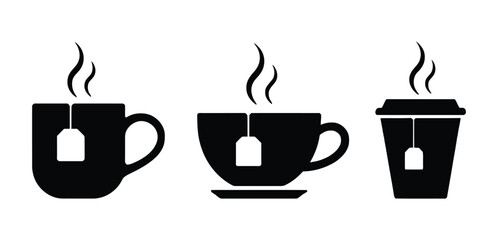 black silhouette icons of hot tea in assorted cup styles—classic mug, saucer set, and to-go cup with steam and tea bag detail