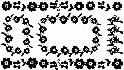 Black floral frames and borders featuring stylized flowers and leaves in a symmetrical arrangement design