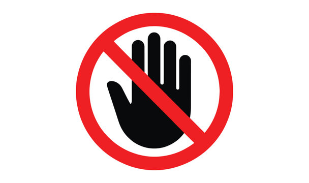 do not touch icon—black hand in red circle with diagonal line, bold warning vector for safety signage, restriction zones, or hazard UI
