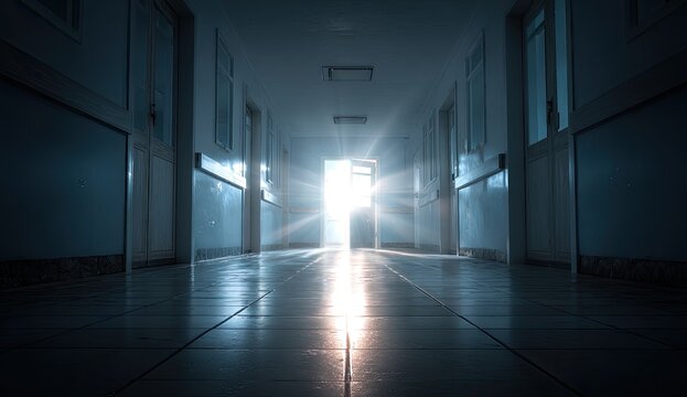 Empty hospital hallway, sunlit exit