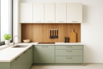 Modern minimalist kitchen interior with green cabinets, wood backsplash, and natural light from large window in contemporary home setting.