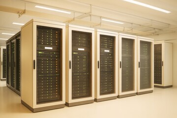 Modern data center interior with rows of server racks in a brightly lit, clean and contemporary room space. Ai generative.