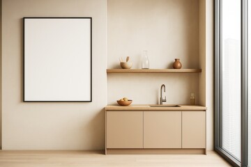 Minimalist kitchen interior with wooden cabinets, wall shelf, and blank frame near large window in modern apartment with natural light exposure.