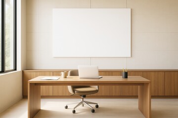 Contemporary office interior with wooden desk, chair, and blank canvas on beige wall in bright natural light for branding or design mockup template.