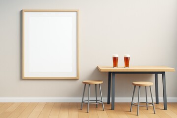 Contemporary mockup interior with blank frame, wooden table, two stools, and beer glasses in minimalist light room with clean design concept.