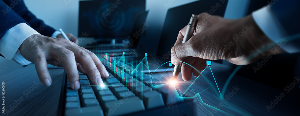 Aufkleber data scientist, teamwork of analyzing business investment growth data on virtual technology. algorit