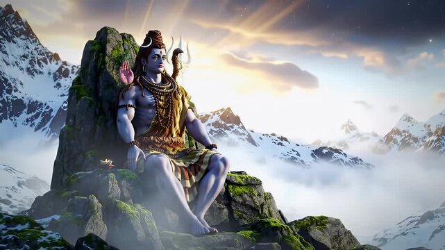 Hindu deity Shiva seated on a mountain throne, amidst a majestic snowy landscape.