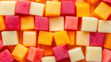 A vibrant array of colorful, cubed fruit jelly candies arranged closely together, showcasing their bright hues and appealing texture.