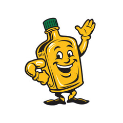 Cartoon bottle character with a friendly face and waving arm pointing with finger