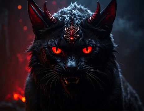 Fierce black cat with red eyes and horns