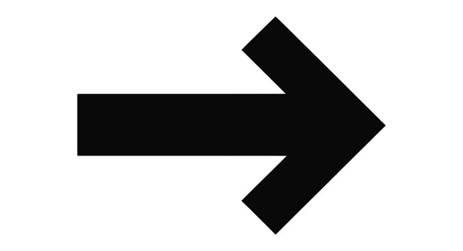 solid black right-pointing arrow icon on white background, minimalist vector symbol for direction, navigation, or forward movement