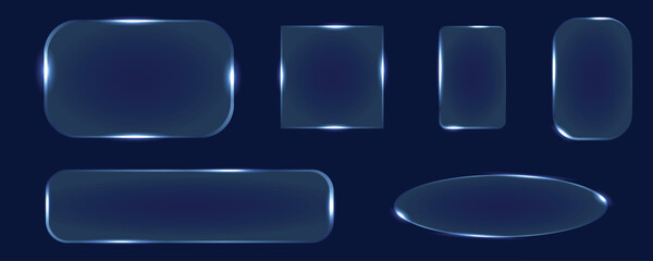Neon glass frames collection with glowing blue light edges and transparent surfaces. Various geometric shapes - oval, rectangle, circle, hexagon with translucent effect. Futuristic interface design 