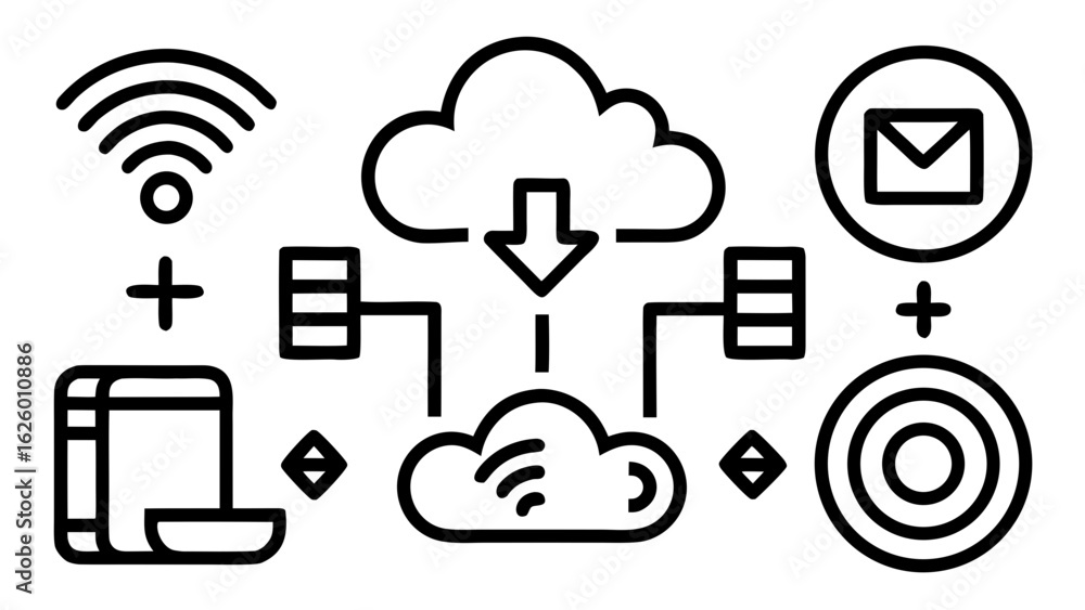 Poster illustration of cloud computing network with wifi email database and other connections shown in blac