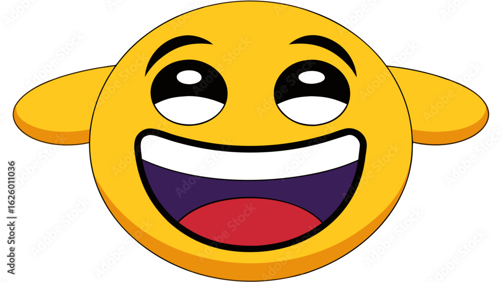 Poster a yellow emoji with a wide open mouth showing teeth and two small yellow ears on each side of the he