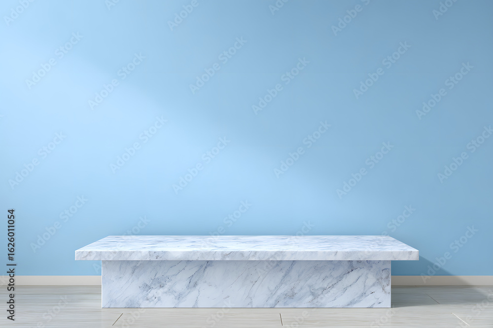 Poster white marble table surface in front of a smooth blue wall background with clean lighting and blank c