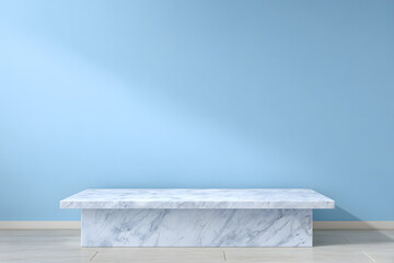 White marble table surface in front of a smooth blue wall background with clean lighting and blank copy space for design or product display.