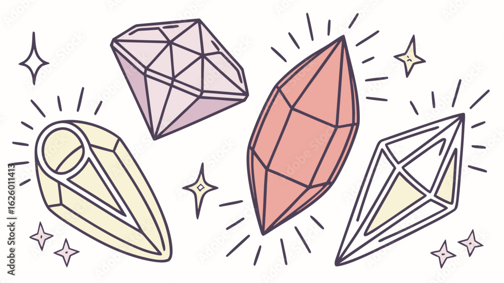 Poster illustration of four sparkling crystals in different shapes and colors with small stars around them 