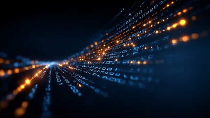 Abstract data flow with binary code and colorful lines on a dark blue background, vector illustration. 8K, real photo, photography in the style of [Artist name]. 