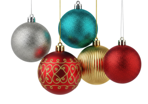 Five elegant christmas ornaments (silver, teal, red with gold filigree, textured gold, bright red glitter) suspended on metallic strings against a transparent background, 3/4 view, professional studio