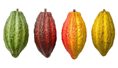 Four cacao pods in various stages of ripeness.  Different shades of green, red, and yellow