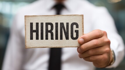 Hiring sign held by business professional