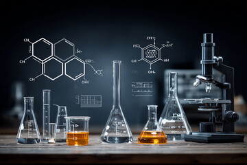 Science illustration with chemical compound structural formula, conical flask and chemical, microscope.
