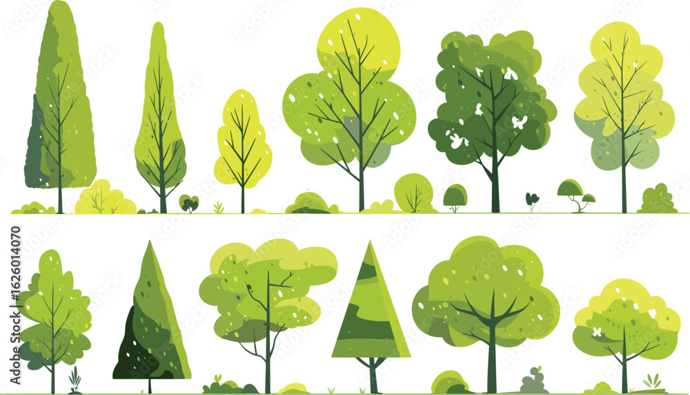Poster botanical variety: an array of hand-drawn illustration, each depicting a distinct tree, capturing th