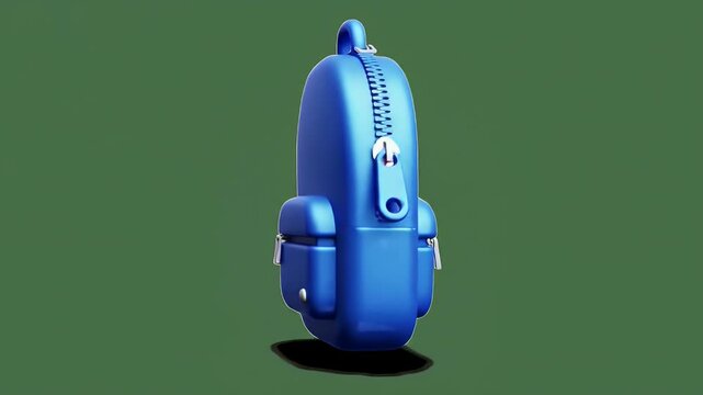 A vibrant blue backpack with a prominent zipper and small side pockets against a green background.