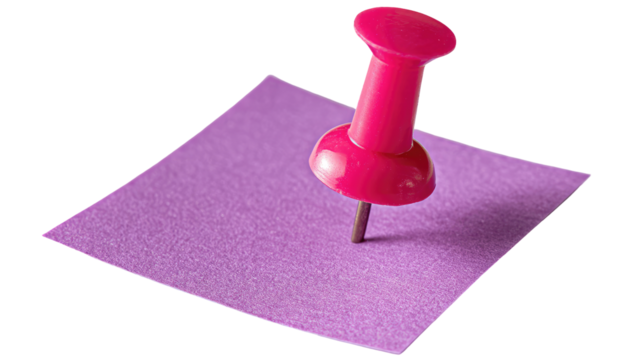 A vibrant pink pushpin secures a square piece of purplish-pink sticky note