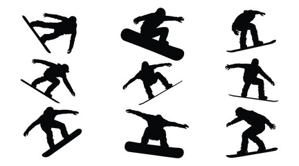 black silhouette illustration of snowboarders performing aerial tricks and jumps, capturing dynamic movement and extreme winter sports action